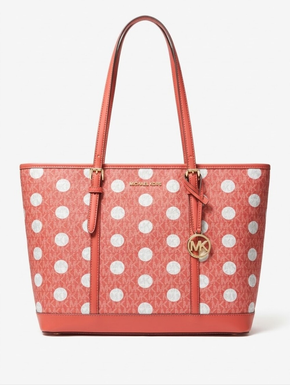 Michael Kors Jet Set Large Pola Dot Signatire Logo Tote Bag In Red Clay